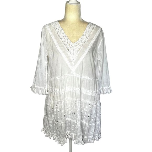 Me 2 Magic Mini Dress XL Cotton White Eyelet Lace Tassel Boho Prairie Beachy - Picture 1 of 12